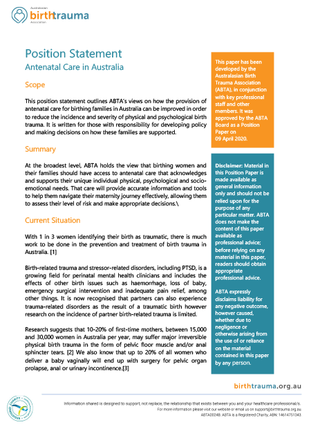 Our Story 2 Antenatal care in Australia, positional statement